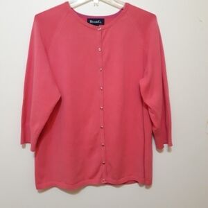 Denim & Co women's sweat cardigan knit cotton 3/4 sleeves pink coral siz…